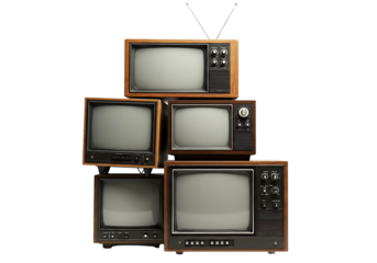Vintage televisions stacked on transparent background