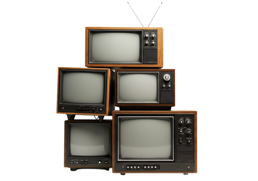 Vintage televisions stacked on transparent background
