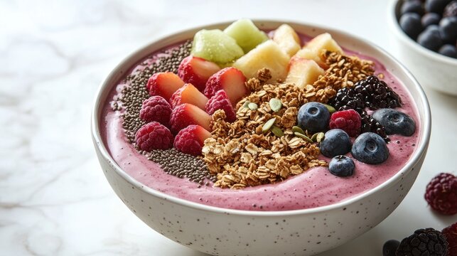 Berry smoothie bowl with strawberry, melon, granola, and chia - Powered by Adobe
