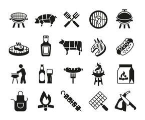 Barbecue icons. Set of 20 barbecue trendy minimal icons. Example: Grill, Sausage, Hotdog, Skewer, Apron icon. Design signs for web page, mobile app, packaging design. Vector illustration.