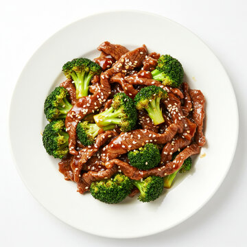 Stir-fried beef and broccoli in glossy sauce with sesame seeds, served on a white plate isolated on white