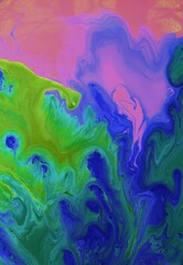 Abstract blue-green-pink background. Acrylic paint spreads freely and creates an interesting pattern. Texture, background, abstraction, painting. Background for the cover of a notebook or laptop