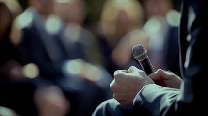 Serious journalist holding microphone interviewing politician in formal setting, news reporter covering political event, media and journalism concept.