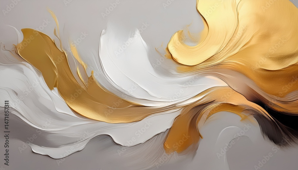 Aufkleber golden abstract fluid swirl with white and black highlights on soft gray background for luxury brand
