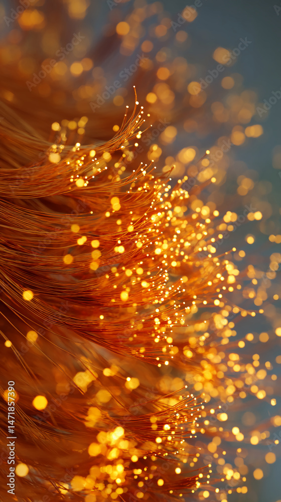 Poster close-up of illuminated orange fibers, creating a radiant, warm glow. represents connection, technol