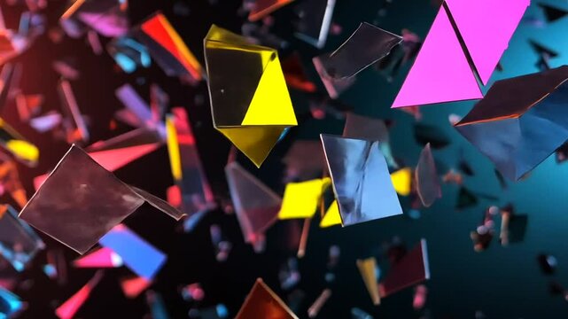 Colorful shards of glass floating in a dark background, creating a vibrant and dynamic visual effect