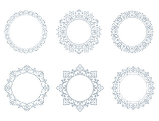 Set of decorative frames Elegant vector element for design in Eastern style, place for text. Floral gray and white borders. Lace illustration for invitations and greeting cards