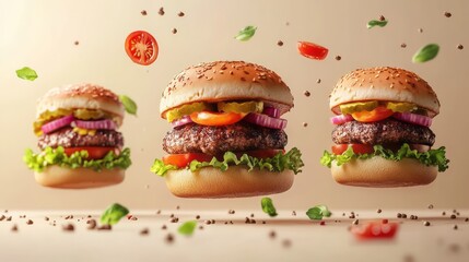 Three delectable hamburgers in mid-air, surrounded by fresh ingredients.