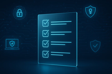 A digital checklist displayed on a glass-like panel, surrounded by security icons symbolizing data protection, privacy, and online safety