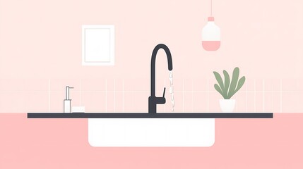 Pink Kitchen Sink with Running Water.