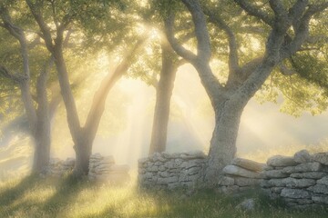 Sunbeams filtering through trees and mist over a stone wall.  Gentle morning light