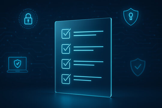 A digital checklist displayed on a glass-like panel, surrounded by security icons symbolizing data protection, privacy, and online safety