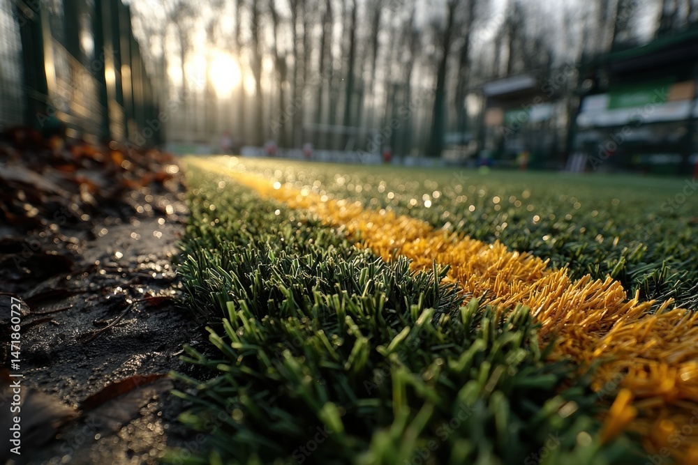 Poster close-up view of artificial turf with a yellow line, illuminated by the setting sun, showcasing the 