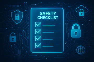 A digital safety checklist highlighted in neon blue. It features various security symbols like padlocks and shields, representing cybersecurity and safety protocols.