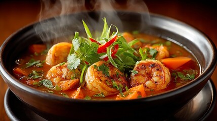 Steaming bowl of shrimp soup with vegetables and herbs, in a dark ceramic bowl