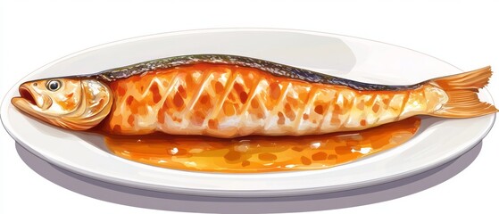 Grilled fish dish on a white plate.