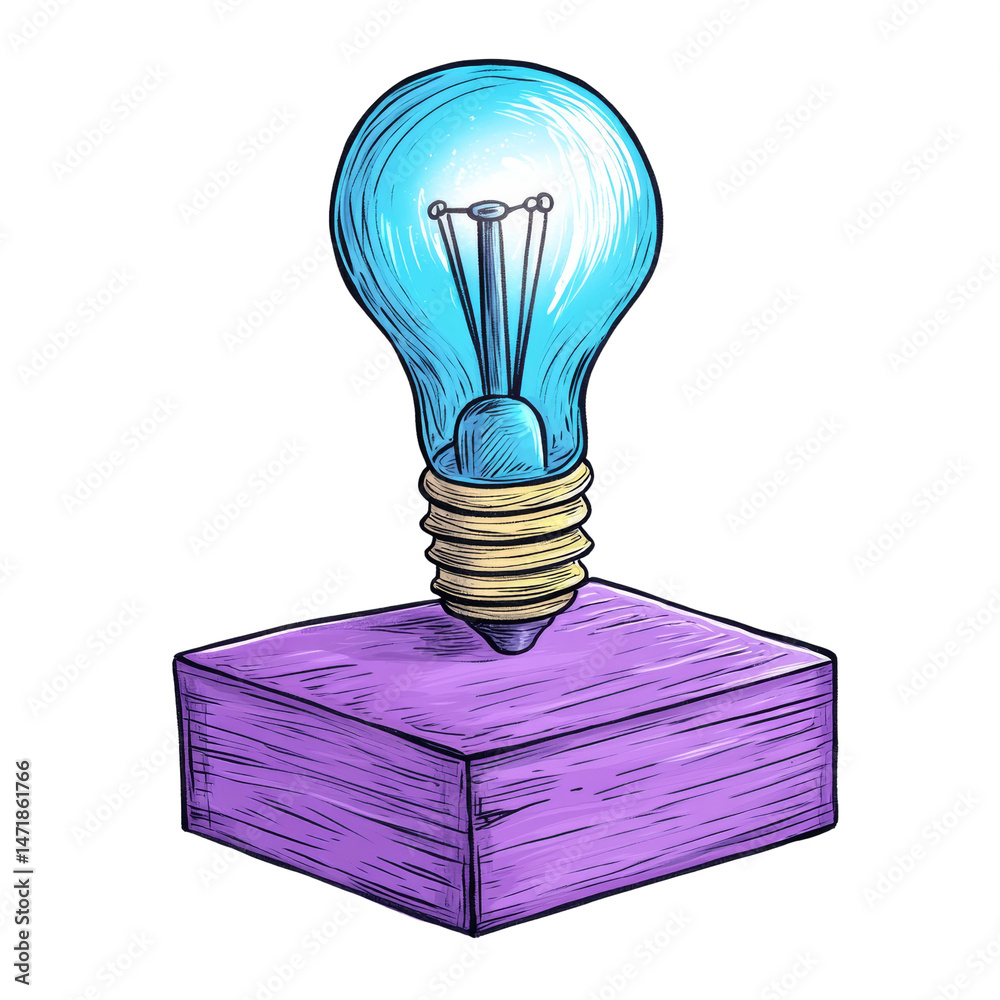Poster conceptual illustration of a glowing light bulb on a lilac cube with energy