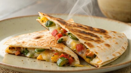 Close up of Mexican quesadilla with melted cheese and grill marks steam rising