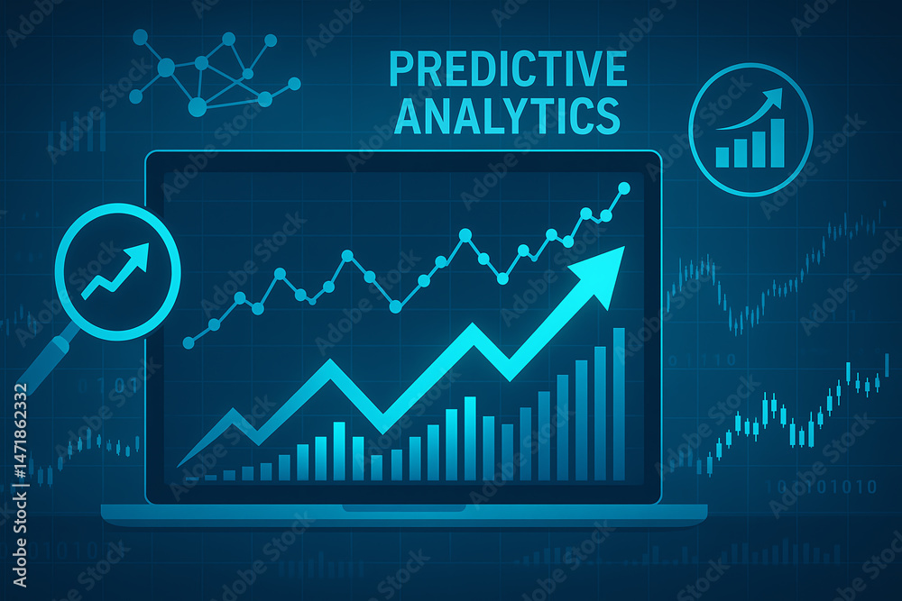 Wall mural a modern laptop displaying predictive analytics on a vibrant blue background, featuring data graphs 