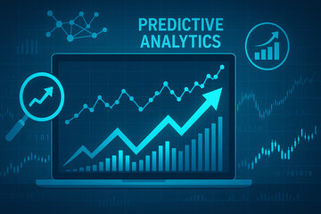 A modern laptop displaying predictive analytics on a vibrant blue background, featuring data graphs and charts representing growth and statistical analysis for business insights.