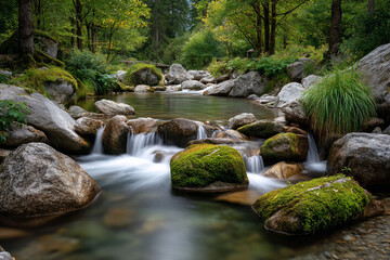 Stream tumbles over mossy rocks in a lush forest, calm pool beckons beyond