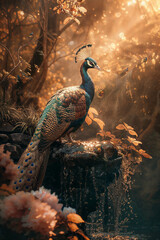 Fantasy Peacock in Glowing Forest