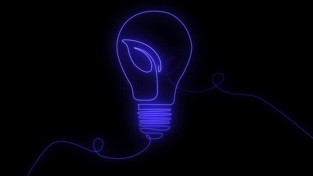 Neon glowing Plant inside Light bulb in one line drawing. Creative concept of Green energy and environmental friendly sources.