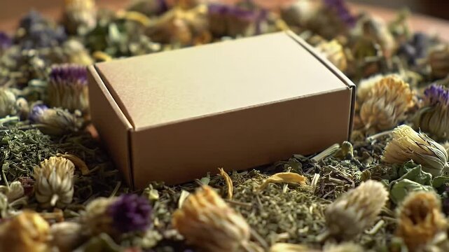 Blank cardboard box surrounded by dried flowers and moss
