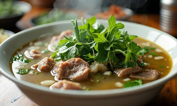 Tasty noodle soup in white bowl