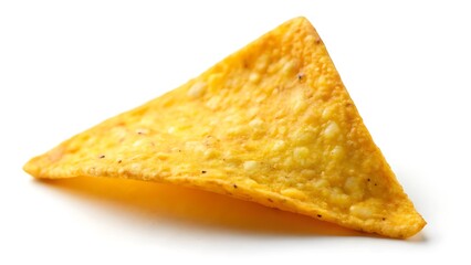Close up photograph of a single delicious golden tortilla chip isolated on white background