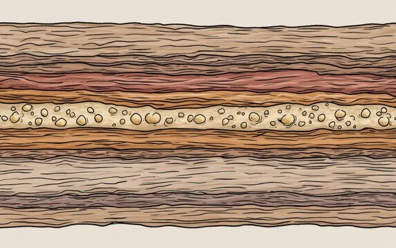 Cross-section of layered geological strata with various colors and textures, including a band of yellowish-orange, small, rounded inclusions