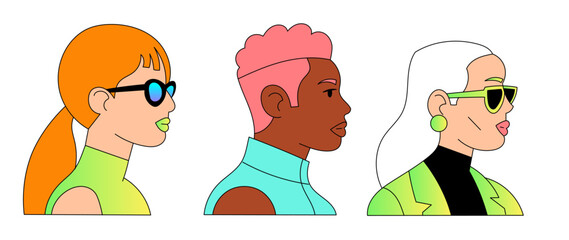 Stylish female portraits in profile with bold fashion and accessories