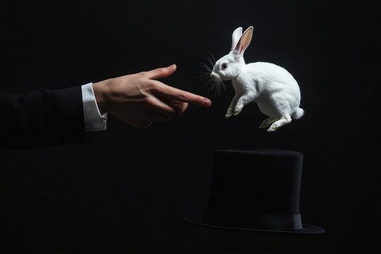 Magician pulling rabbit from black hat close-up