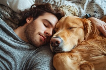 Man and golden retriever napping peacefully in bed