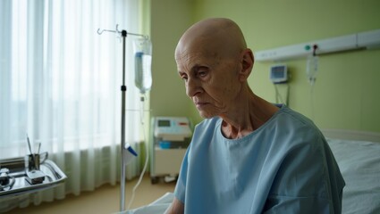 Obraz premium Emotional Photorealistic Portrait of a Chemotherapy Patient in a Quiet Hospital Room