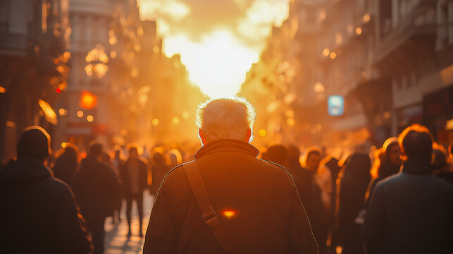 City street scene during sunset with a diverse crowd, focus on an elderly man, creating a sense of warmth and community.