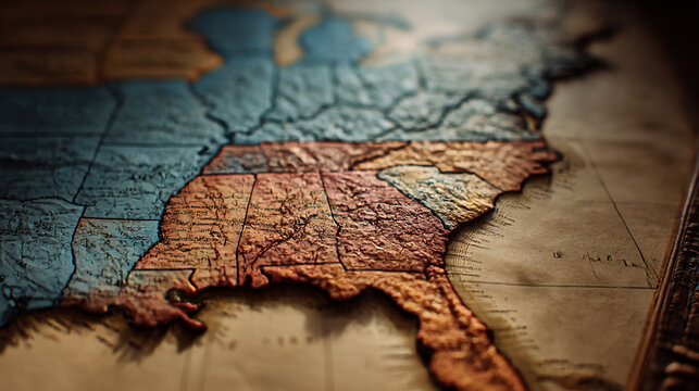 Vintage united states map showing the southeast usa geography and american history travel destination guide