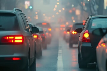 Fototapeta premium Close up traffic jam of cars on city access on rush hour morning fog in busy city