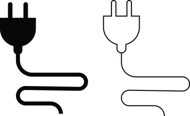 Electrical plug with lighting symbol and cable black vector icon set. Plug with wire cable ,energy , power, connection simple glyph pictogram symbol collection isolated on transparent background.
