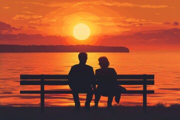 Obraz premium Elderly couple watching ocean sunset from bench