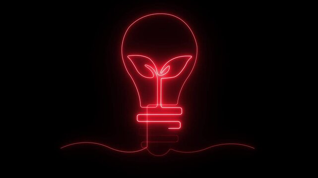 Neon glowing of light bulb inside plant. Continuous single line idea, creative, energy concept bulb.