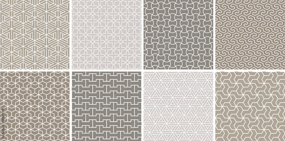 Poster collection of beige seamless ornamental vector patterns. oriental symmetry neutral backgrounds. geom