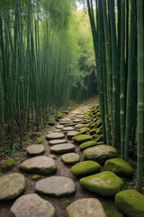 Fototapeta premium Stone path winding through lush bamboo forest. Suitable for nature websites, wellness blogs, and travel brochures. Tranquil, serene setting.