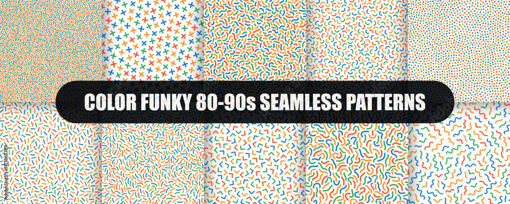 Poster collection of bright seamless colorful trendy patterns. creative unusual vibrant prints. repeatable 