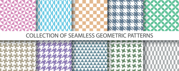 Collection of color textile seamless patterns - mosaic geometric design. Vector cloth repeatable backgrounds. Delicate fabric prints