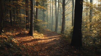 Autumn forest trail with golden leaves carpet, sunlight beams creating a serene and peaceful woodland atmosphere.