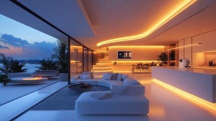 Modern living space with elegant lighting and panoramic views during twilight hours overlooking a tranquil waterfront