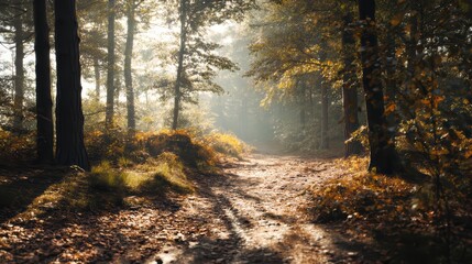 Naklejka premium Autumn Forest Trail with Golden Leaves Carpet, Sunlight Filtering Through Trees in Peaceful Natural Setting.