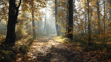 Autumn Forest Trail with Golden Leaves Carpet, Sunlight Filtering Through Trees in Peaceful Natural Setting.