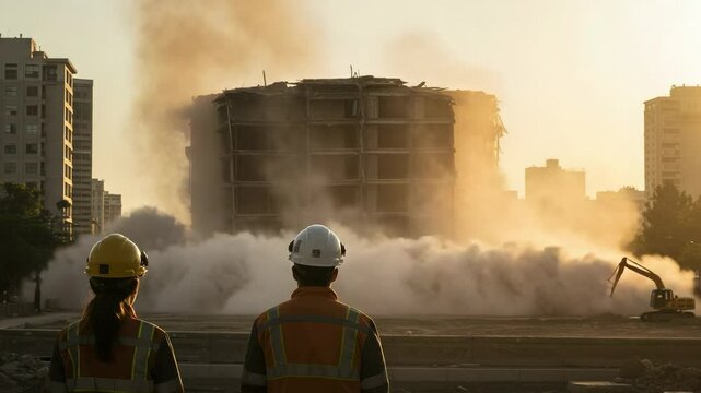 Demolition Scene at Sunset: Two Construction Workers Observe Building Implosion as Dust Clouds and Debris Erupt Against a Fiery Sky